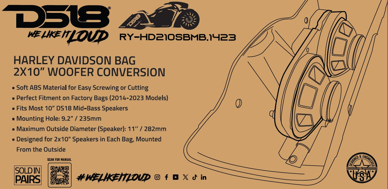 DS18 RY-HD210SBMB.1423 Harley Davidson Bag Dual 10" Woofer Conversion Rings